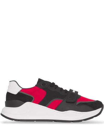 Burberry Panelled Low-top Sneakers Black And Bright Red In Black/bright Red