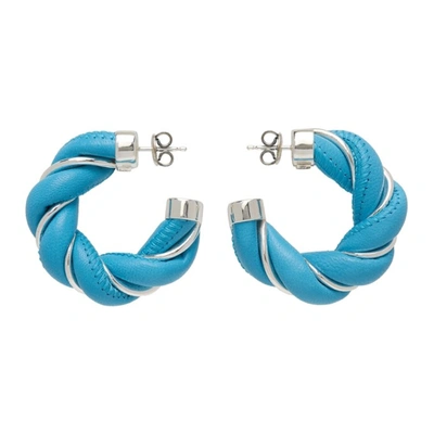 Bottega Veneta Womens Sky Blue Sterling Silver And Leather Hoop Earrings