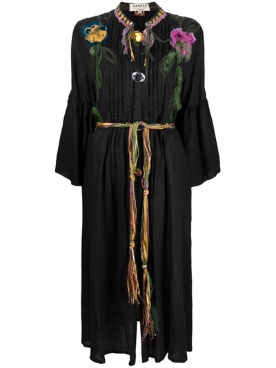 Pre-owned A.n.g.e.l.o. Vintage Cult 1990s Embroidered Flowers Gathered Midi Dress In Black