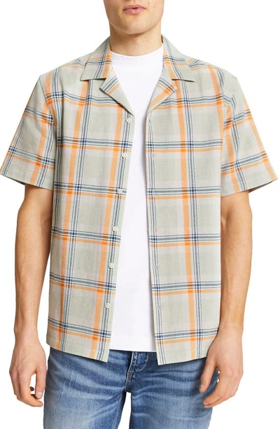 River Island Revere Textured Check Short Sleeve Button-up Camp Shirt In Green