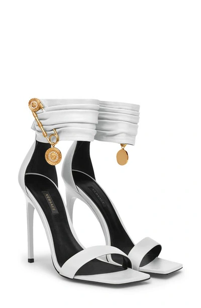Versace Safety Pin Ankle-cuff Leather Sandals In White/gold