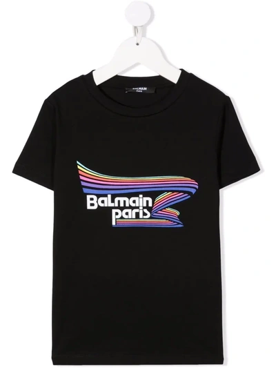 Balmain Kid's Rainbow Logo T-shirt In 黑色