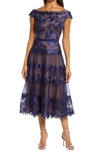 Tadashi Shoji Plus Size Cap-sleeve Corded Lace Midi Dress In Navy/nude