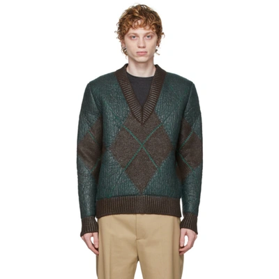 Bottega Veneta Brown & Green Argyle V-neck Sweater