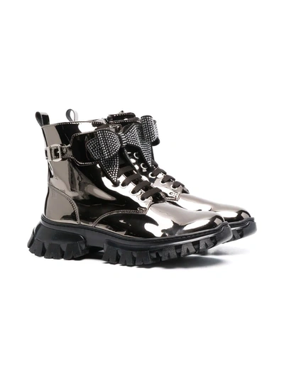 Monnalisa Kids' Metallic Bow-detail Chunky Ankle Boots In 褐色