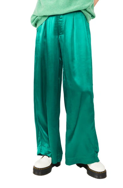 Free People Good Days Satin Wide Leg Trousers In Emerald Waters