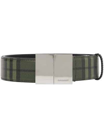 Burberry Check Leather Belt In Military Green ModeSens