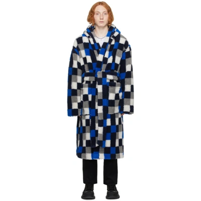 Marcelo Burlon County Of Milan Checkerboard Pile Hooded Robe In Blau