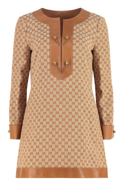 Gucci Brand-pattern Round-neck Linen-blend Mini Dress In Neutrals