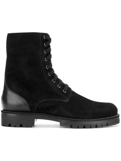 René Caovilla Military Style Boots In Black Calf Leather-jet Strass