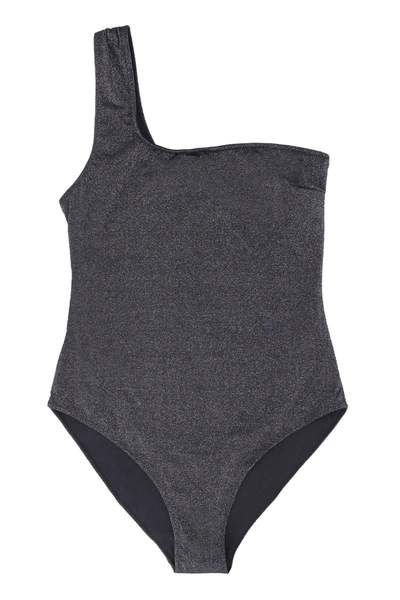 Ganni Black One-shoulder Metallic-weave Swimsuit