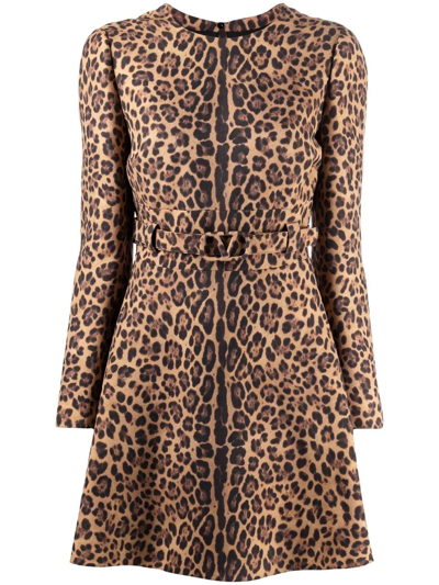 Valentino Leopard Print Belted Long Sleeve Wool & Silk Crepe Minidress In Multicolor