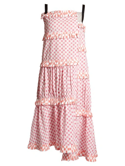 Loewe Patchwork-print Tiered Cotton Dress In White Pink