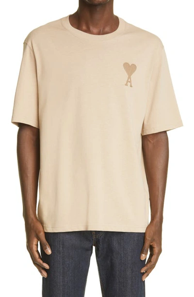 Ami Alexandre Mattiussi Ami De Coeur Embroidered Organic Cotton T-shirt In Beige