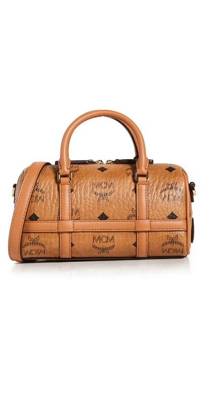 Mcm Delmy Boston Mini Visetos Logo Top-handle Bag In Cognac/gold