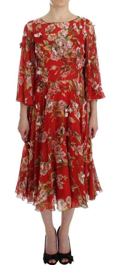 Dolce & Gabbana Red Floral Print Silk Maxi Runway Dress