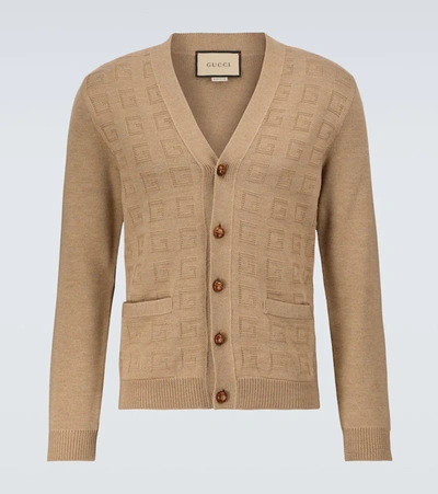 Gucci Square G Jacquard Wool Cardigan In Camel