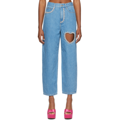 Area Crystal-embellished Cutout Mid-rise Straight-leg Jeans In Light Wash Denim