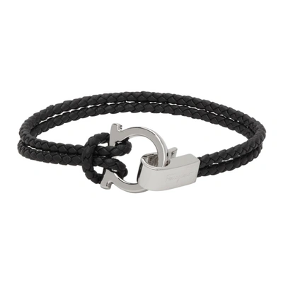 Ferragamo Men's Braided Leather Bracelet In Black In 001 Br Pelle Nera/pl