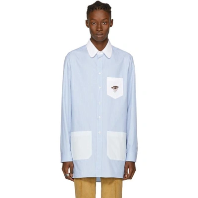 Gucci Long Bird Embroidered Striped Shirt In Blue In 4798 Sky Blue