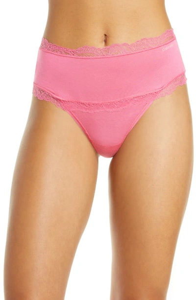 Calvin Klein Scallop Lace Trim High Waist Thong In Pink Smoothie