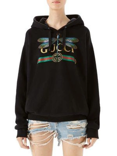 Gucci Dragonfly And Logo-print Cotton Hooded Sweatshirt In Black | ModeSens