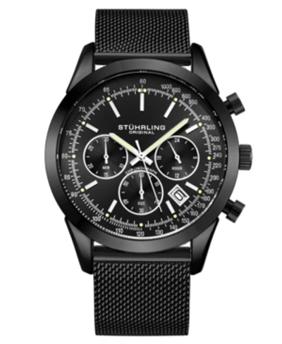 Stuhrling Men's Quartz Chronograph Date Black Stainless Steel Mesh Bracelet Watch 44mm