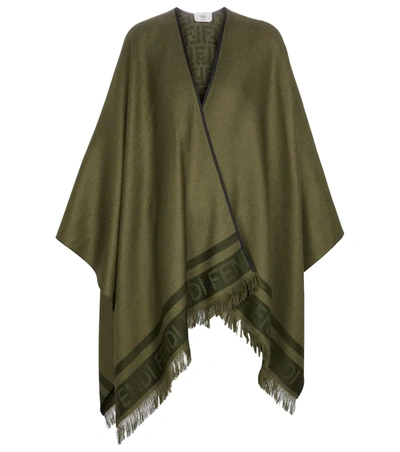 Fendi Fringed Silk And Cashmere-blend Jacquard Poncho In Green