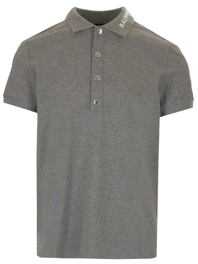 Balmain Polo Shirt With Logo On The Collar In Grey