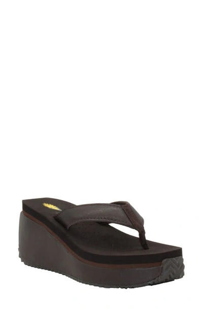 Volatile Frappachino Wedge Flip Flop In Brown Leather