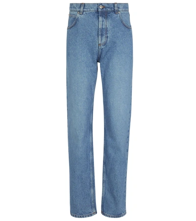 Loewe Leather-trimmed High-rise Straight-leg Jeans In Blue