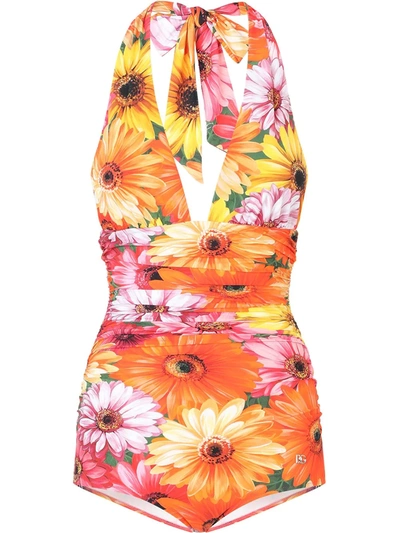 Dolce & Gabbana One-piece Swimsuit With Plunging Neckline And Gerbera-daisy Print In Multicolor