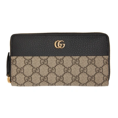 Gucci Black & Beige Gg Marmont Zip Around Wallet In Бежевый,чёрный