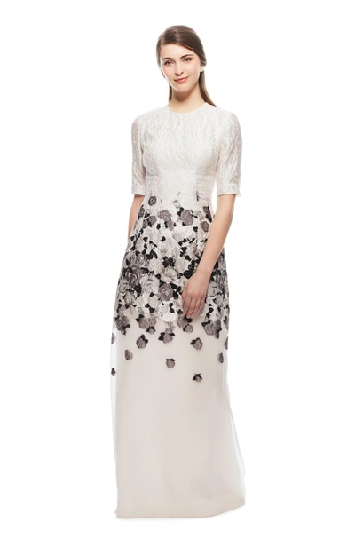 Lela Rose Floral Panel Fil Coupe Holly Elbow Sleeve Gown - Black Ivory