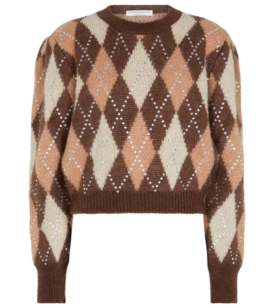 Alessandra Rich Crystal-embellished Argyle Brushed Mohair-blend Sweater In Brown