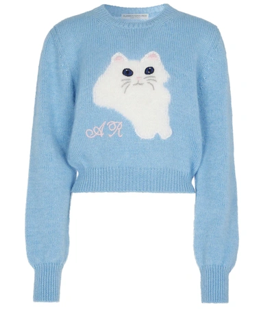 Alessandra Rich Wool Cropped Sweater W Cat Intarsia In Blue ModeSens