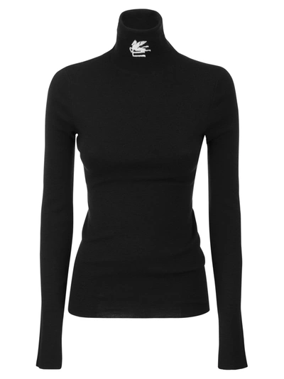 Etro Wool Knit Logo Turtleneck Sweater In Black