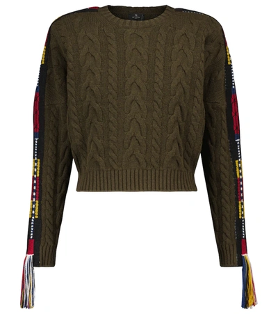 Etro Palm Springs Cropped Embroidered Cable-knit Sweater In Green