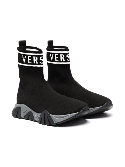 Versace Logo Print Knit Sock Slip-on Sneakers In Black