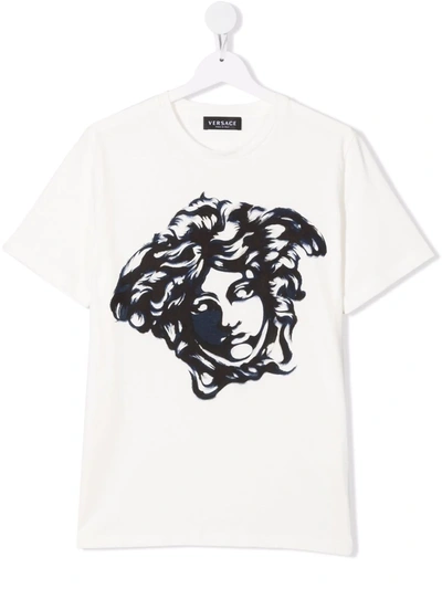 Versace Kids' Medusa Print Cotton Jersey T-shirt In Bianco E Blu