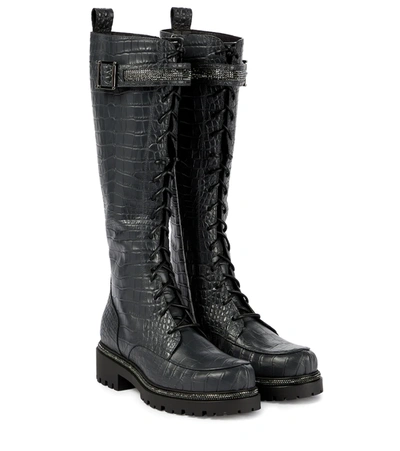 René Caovilla 25mm Croc Embossed Leather Tall Boots In Black