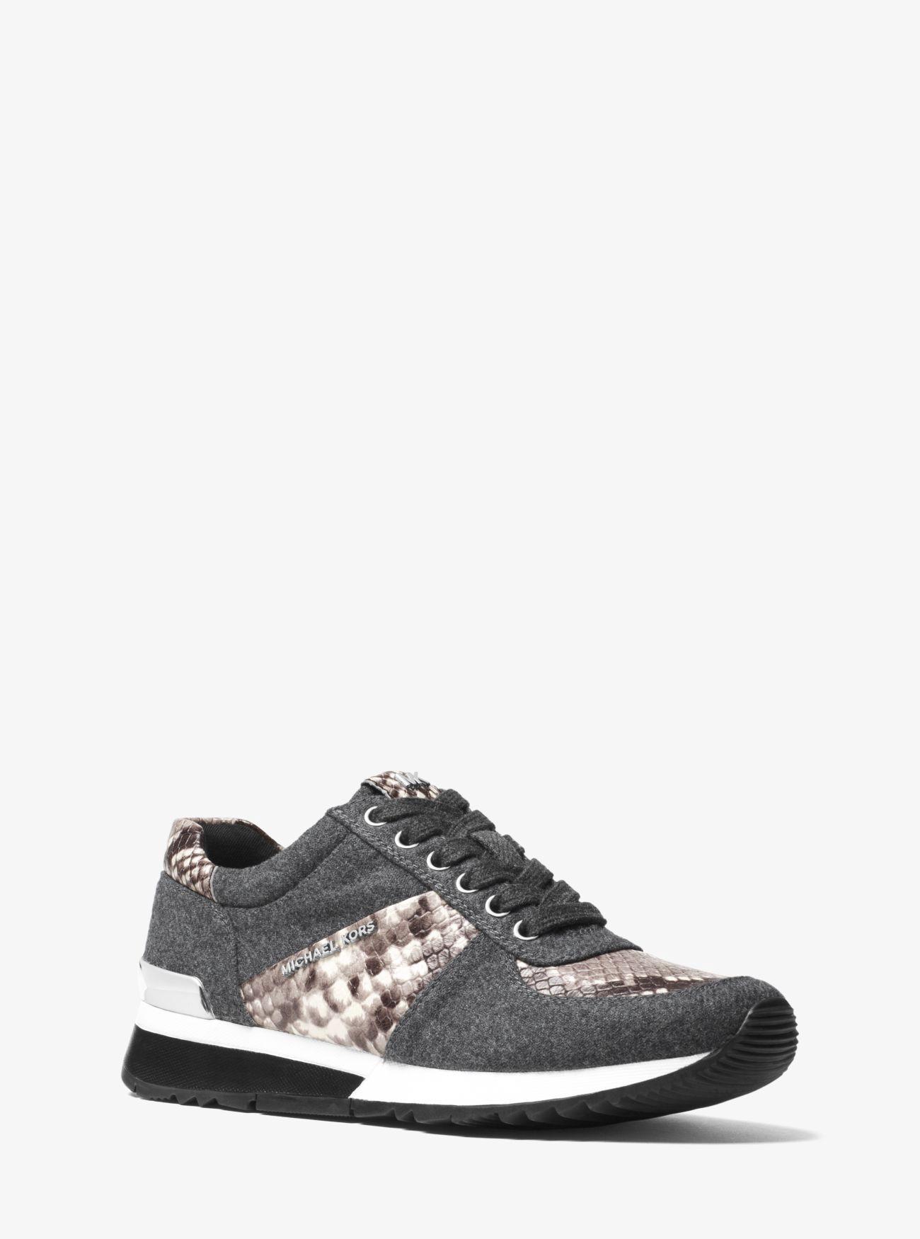 Michael Kors Allie Flannel And Embossed-leather Sneaker In Charcoal/nat ...