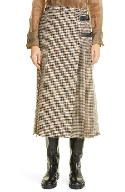 Max Mara Norel Houndstooth Pleated Midi Wrap Skirt W/ Silk Organza Overlay In Brown
