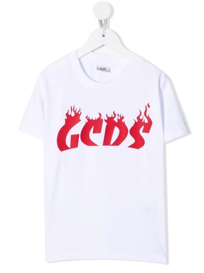 Gcds Kids' Rubberized Logo Cotton Jersey T-shirt In White