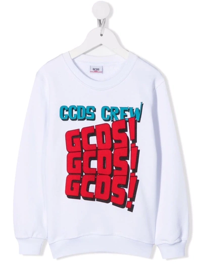 Gcds Kids' Flocked Logo Cotton Sweatshirt In White