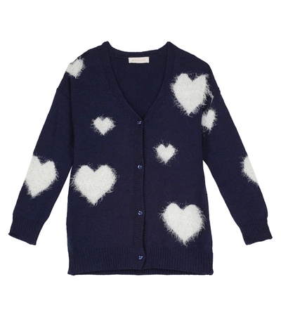 Monnalisa Kids' Hearts Viscose Blend Knit Cardigan In Blue + Cream