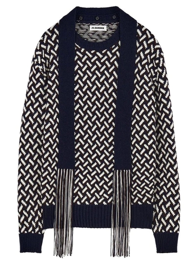 Jil Sander Fringed Tie-neck Intarsia Wool Jumper In Blue