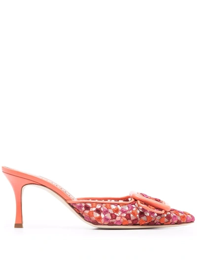 Manolo Blahnik Buckle-embellished Embroidered Mules In Ywov