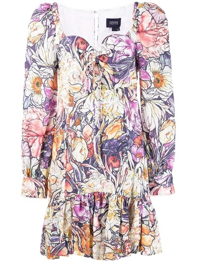 Marchesa Notte Asymmetric Lace-trimmed Floral-print Broderie Anglaise Cotton  Midi Dress In Violett