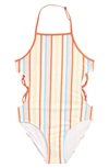 Treasure & Bond Kids' Cutout One-piece Swimsuit In White Multi Pinstripe
